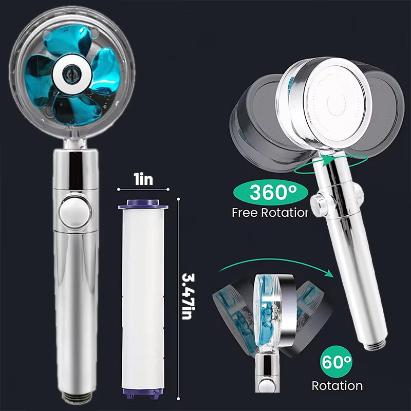 High Pressure Shower Head Rainfall Water Saving 360 Rotating Twin Turbo Propeller Fan Showerhead Bathroom Accessories